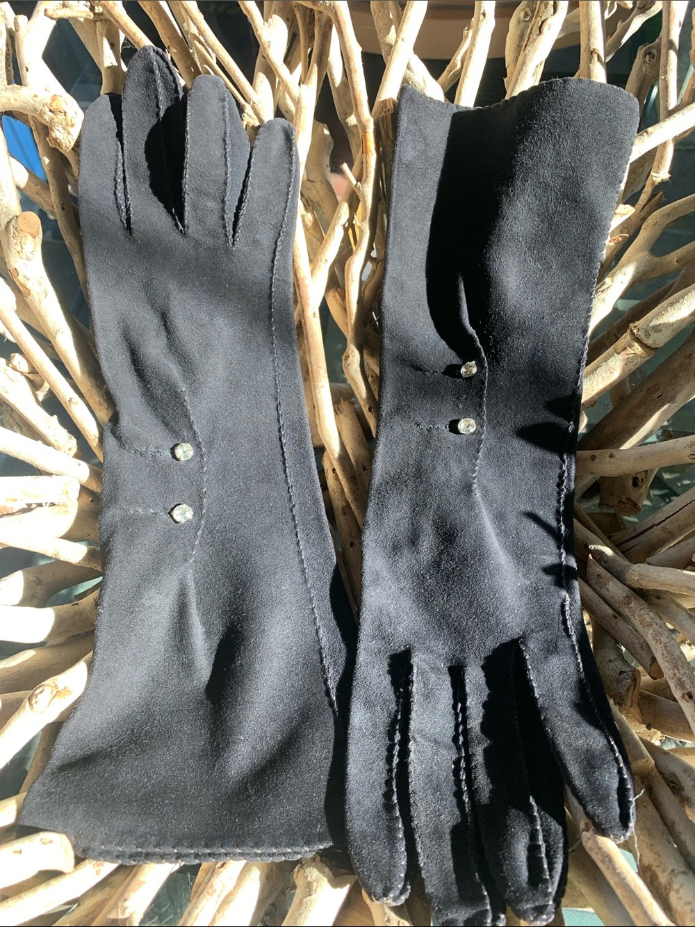Sak’s Hand Made Classic Black Gloves Rhinestones Elegant Suede-like Style 6 1/2